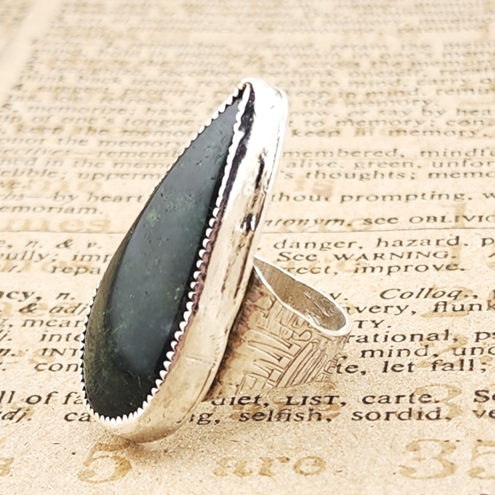 MOSS AGATE 1.5" TEARDROP RING HANDMADE IN RECYCLE STERLING SILVER SZ. 6